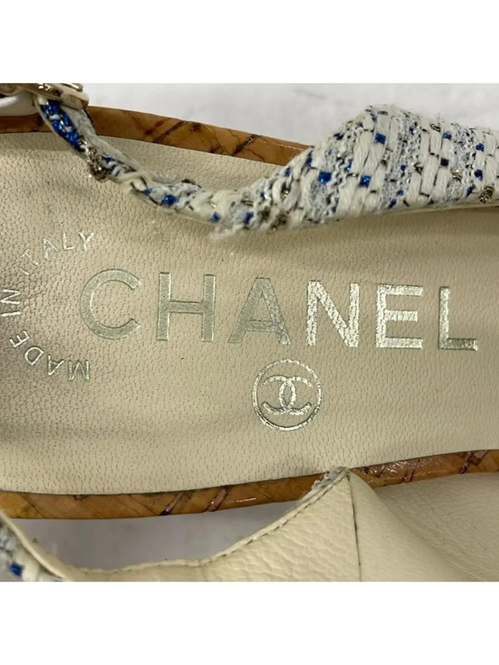 Chanel Sandals White Blue Gold Rhinestone CC Logo